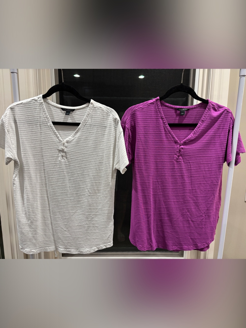 Talbots Short Sleeve Ribbed Henley Tee in White and Purple